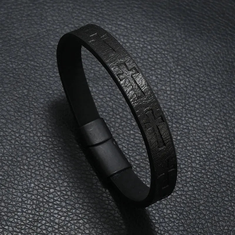 Black leather bracelet with an embossed cross pattern and magnetic clasp
