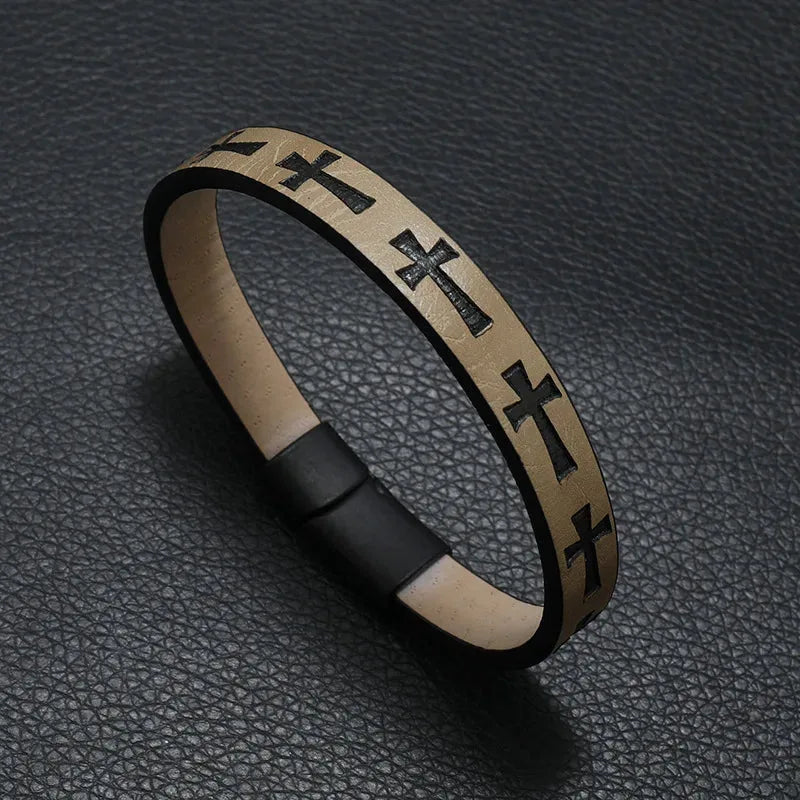 Khaki leather bracelet with an embossed cross pattern and magnetic clasp
