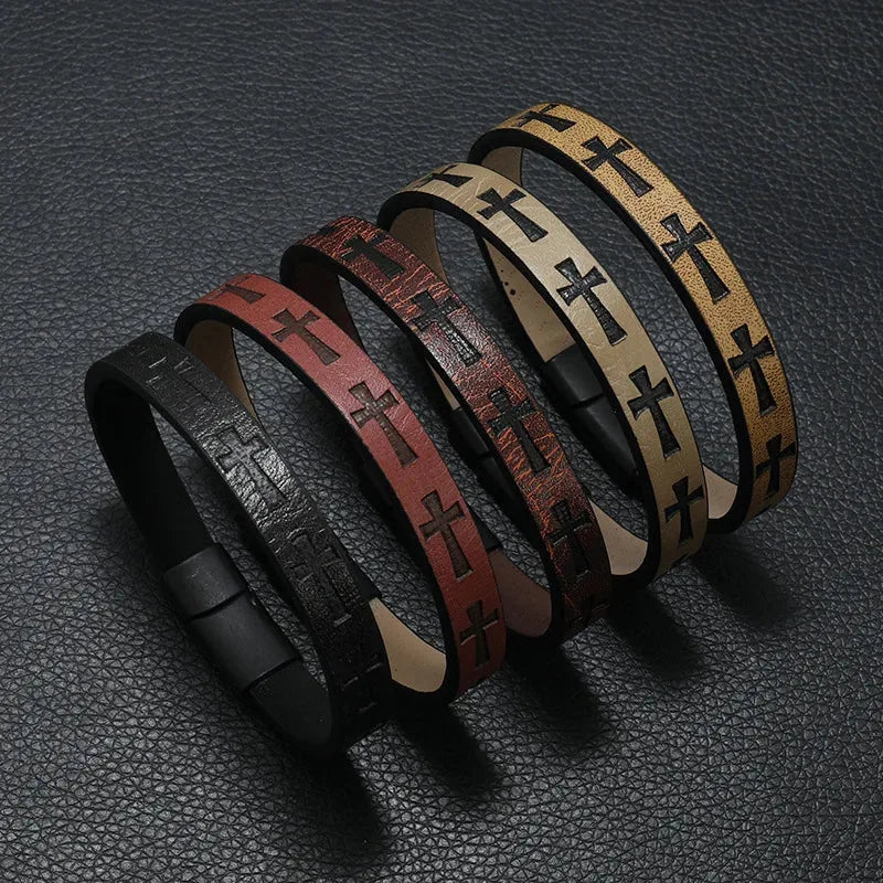 Four leather cross embossed bracelets in black, wine, brown, and khaki, laid out together