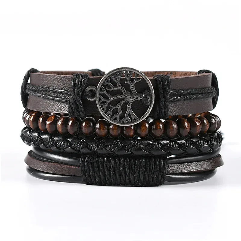 Brown leather layered bracelet stack with a tree of life charm and brown wood beads, on a white background.