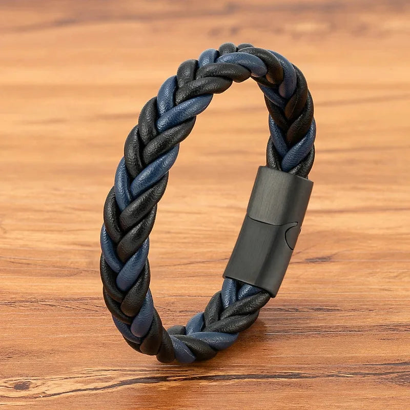 Blue and black two-tone leather herringbone braid bracelet with a magnetic clasp