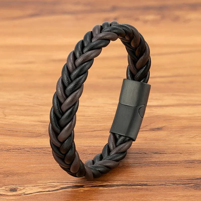 Brown and black two-tone leather herringbone braid bracelet with a magnetic clasp