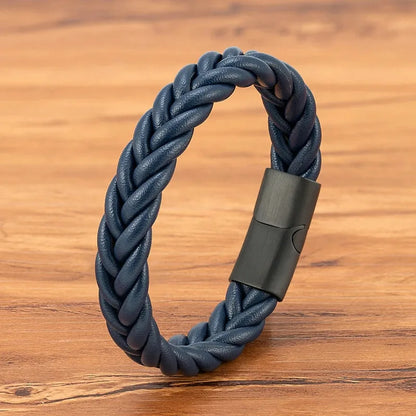 Blue leather herringbone braid bracelet with a magnetic clasp