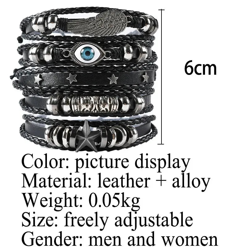 Five-piece black leather bracelet stack with a wing charm, blue evil eye bead, and star studs, labeled with its 6cm width and material specifications.