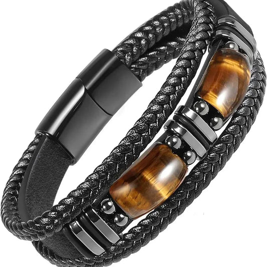Black braided leather bracelet with two natural tiger eye stone beads and a magnetic clasp
