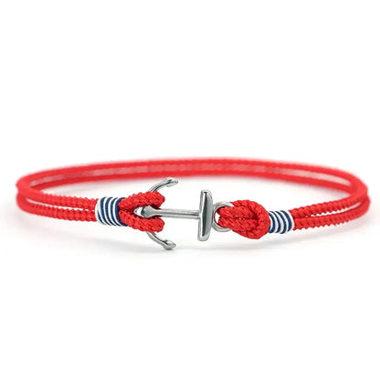 Red double-strand rope bracelet with an anchor-shaped stainless steel clasp