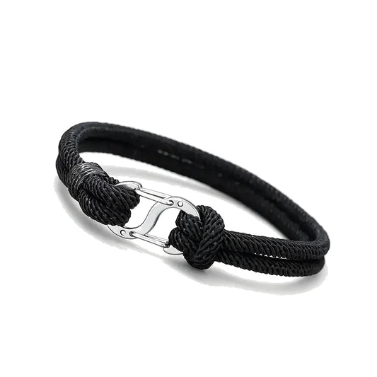 Current Milan Cord Bracelet, black rope with silver hook clasp, white background