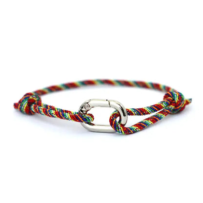 Multicolor rainbow nylon cord bracelet with an alloy spring-clip clasp