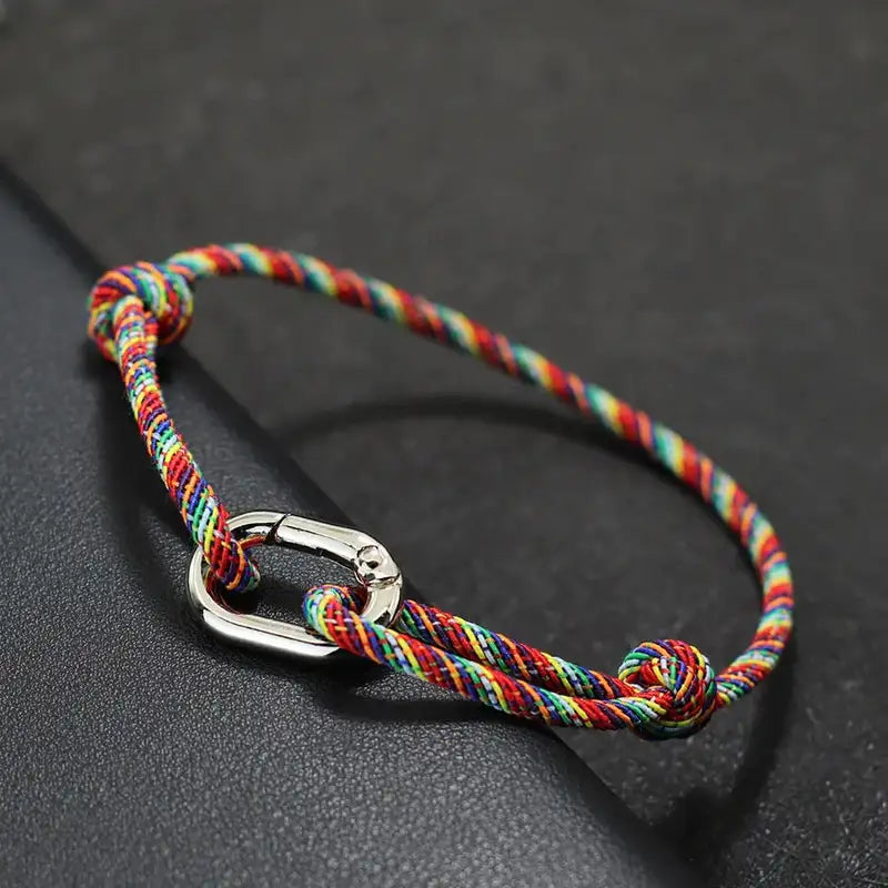 Men Bracelet Rope – Drift Adjustable Cord Bracelet in Rainbow, close-up of the spring-clip clasp