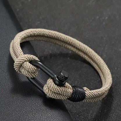 Khaki double-strand Milan rope bracelet with a stainless steel shackle clasp