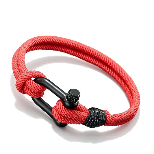 Helm Shackle Rope Bracelet, red rope with black shackle clasp, white background