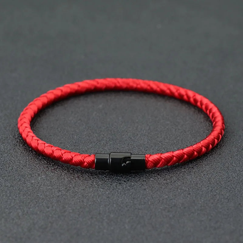 Red braided cord bracelet with a black stainless steel barrel clasp