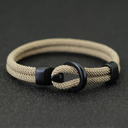 Khaki nylon rope bracelet double-wrapped with a black alloy hook clasp