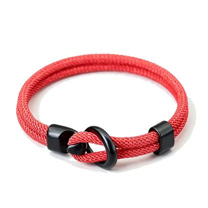Moor Double-Loop Rope Bracelet, red braided rope with black clasp, white background