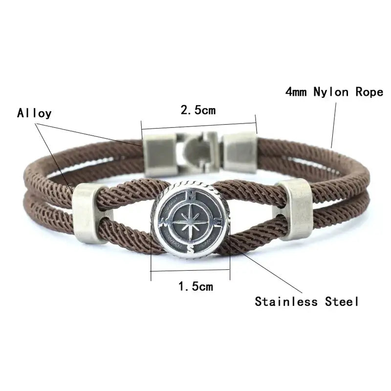 Men Bracelet Rope – Northstar Compass Rope Bracelet showing the 4mm rope and alloy compass charm dimensions