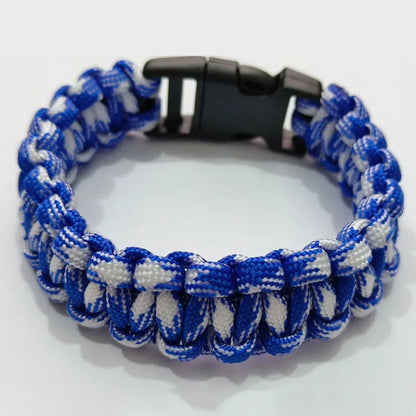 Cobra-weave paracord survival bracelet in Style B colorway with a plastic side-release buckle