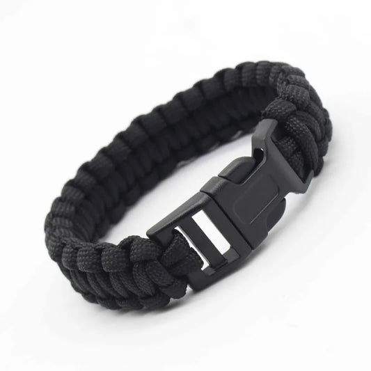 Cobra-weave paracord survival bracelet in Style F colorway with a plastic side-release buckle