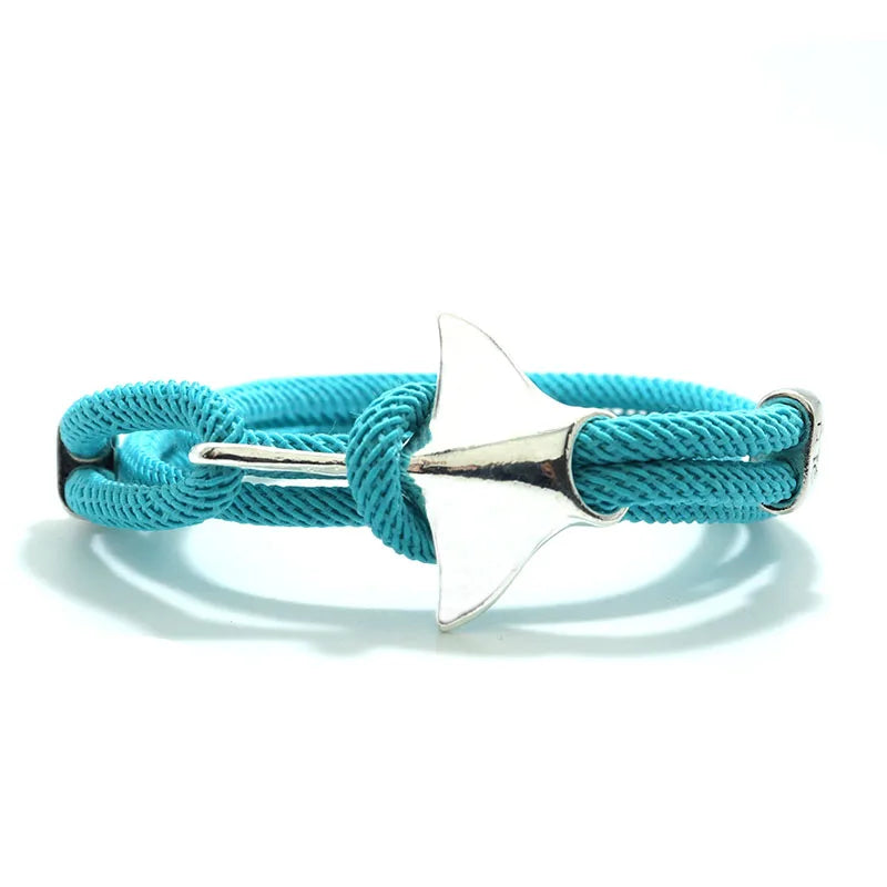 Manta ray charm in silver finish with sea blue cord