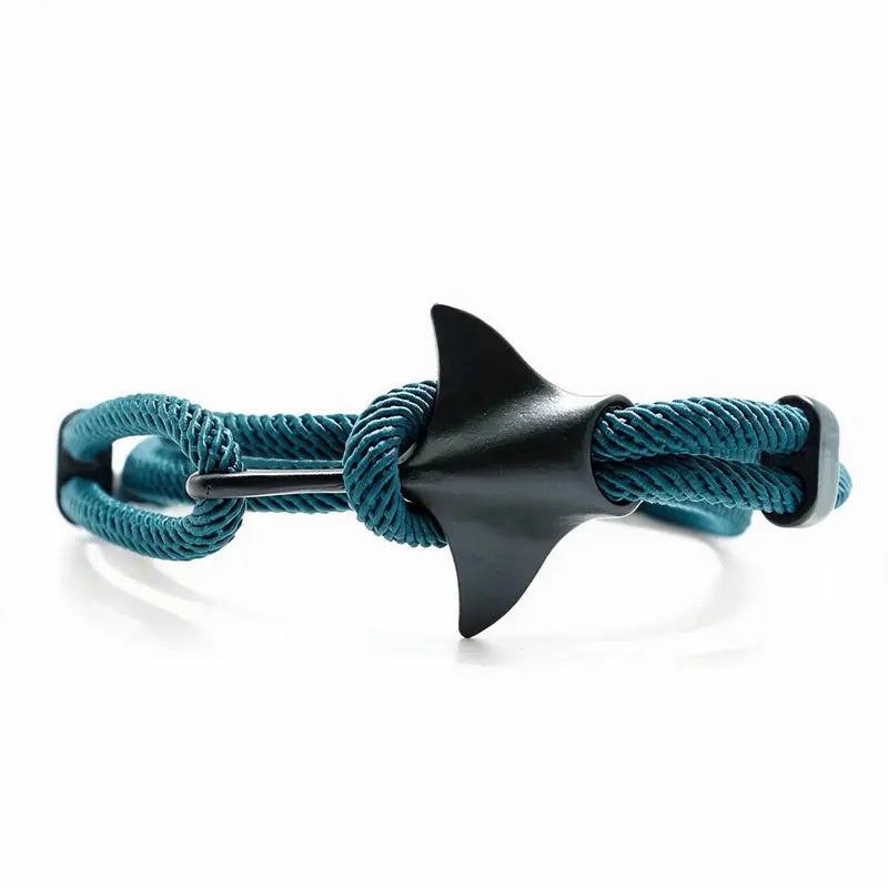 Manta ray charm in black finish on a sea blue rope bracelet