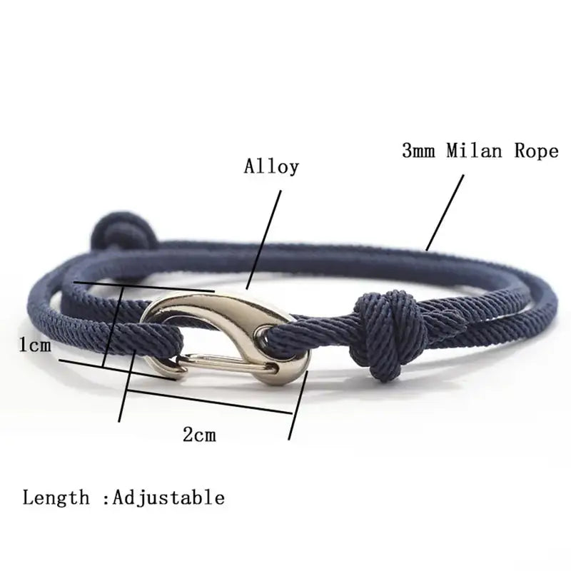 Men Bracelet Rope – Tide Double-Wrap Rope Bracelet showing the 3mm cord and alloy hook clasp dimensions