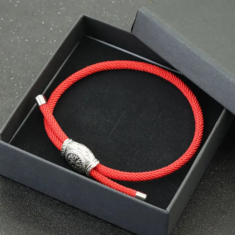 Men Bracelet Rope – Vegvisir Rune Rope Bracelet in Red, shown in gift box