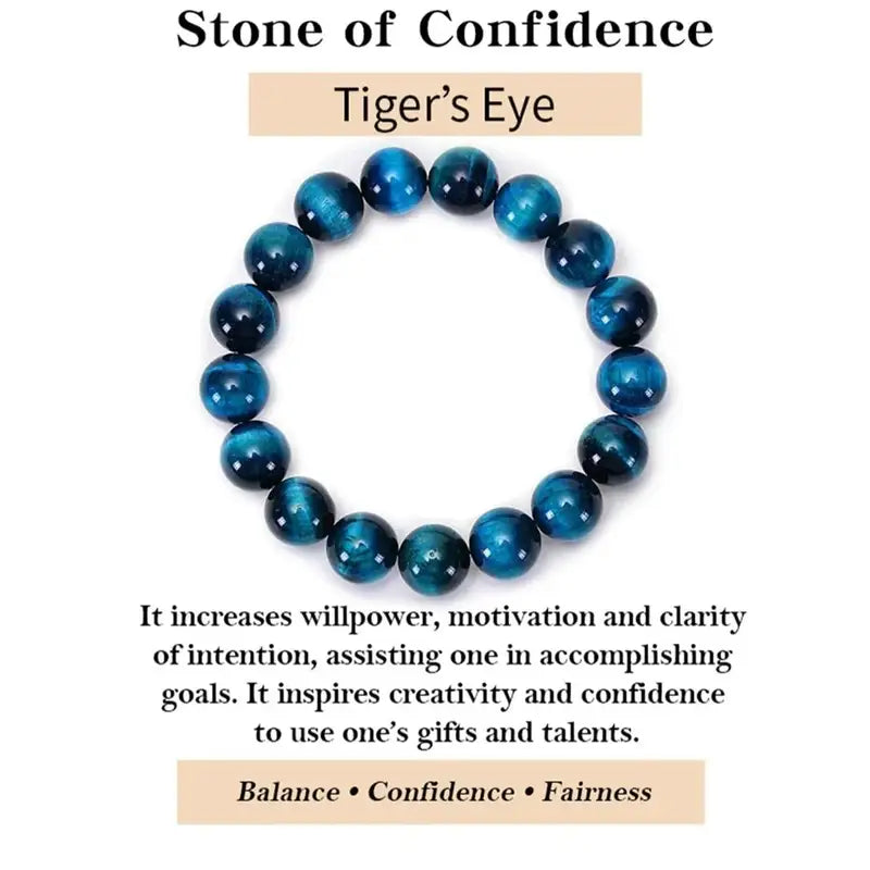 Abyss Blue Tiger Eye bracelet, stone of confidence meaning card