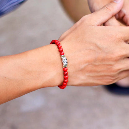 Ananda Tibetan Bead Bracelet in red turquoise worn on the wrist