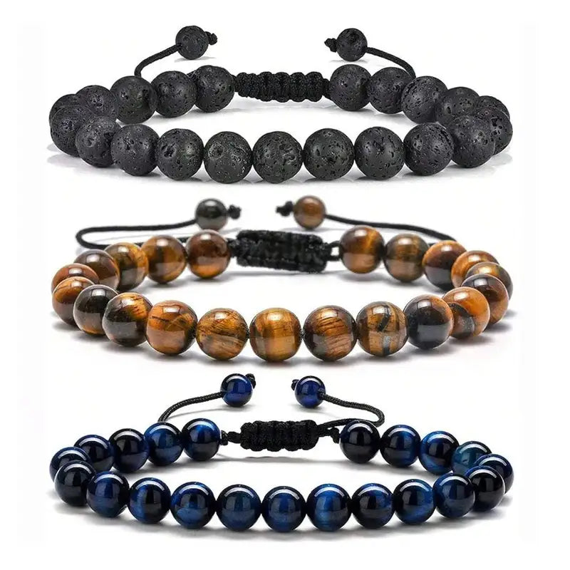 Mens Bracelet Beads – Compass Adjustable Tiger Eye Bracelet in lava stone, yellow tiger eye and blue tiger eye, stacked together
