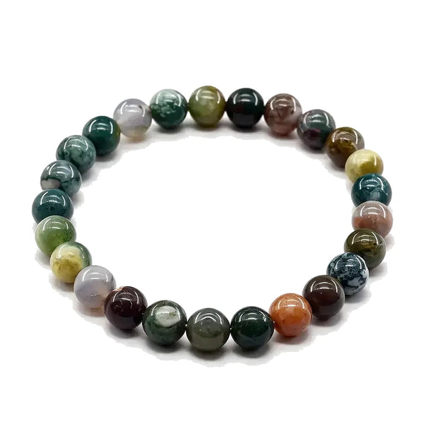 Multicolor Indian agate bead bracelet in shades of green, orange, and maroon, on a white background.