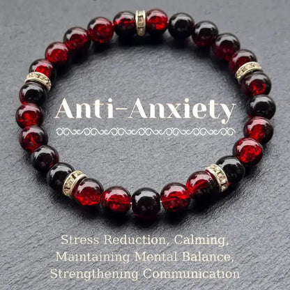 Mens Bracelet Beads – Haven Crackle Glass Bead Bracelet in deep red crackle glass with silver rhinestone spacers