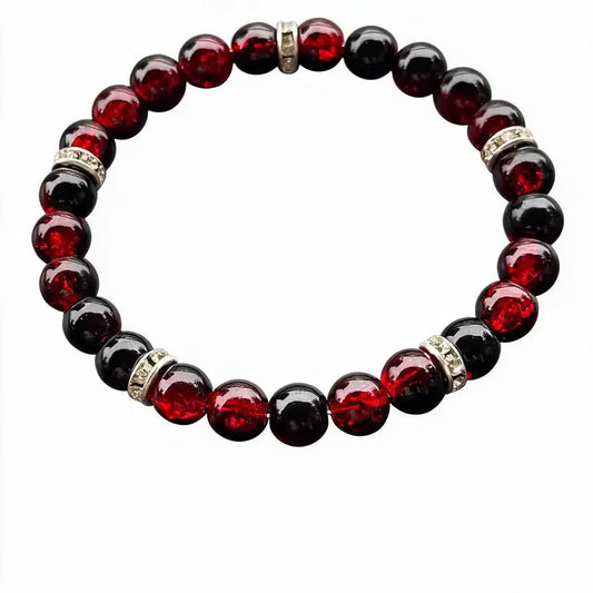 Haven Crackle Glass Bead Bracelet, deep red crackle glass and onyx beads with silver rhinestone spacers, white background