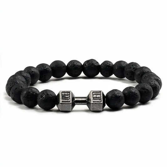 Black lava stone bead bracelet with black dumbbell charm, product photo on white background
