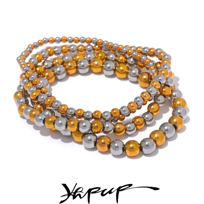 Mens Bracelet Beads – Parity Steel Ball Bead Bracelet, gold and steel finishes stacked together