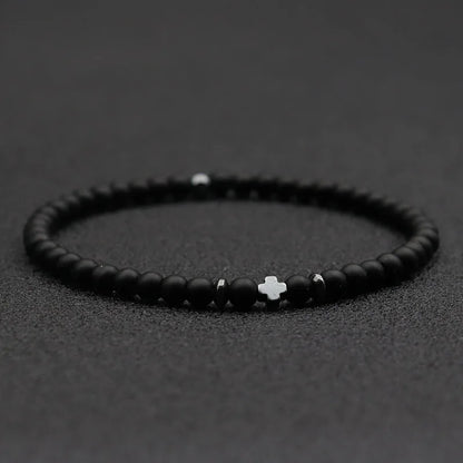 Mens Bracelet Beads – Vow Rice Bead Cross Bracelet in onyx stone with hematite spacers and cross accent