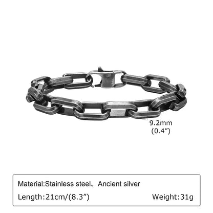 9.2mm oxidized stainless steel paperclip chain bracelet with bold rectangular links, 21cm