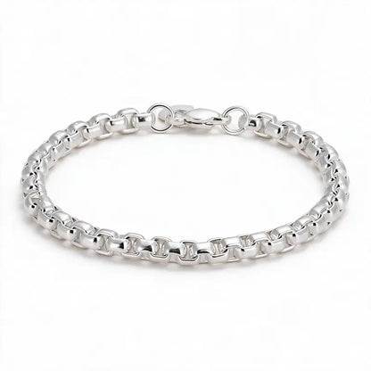 925 sterling silver smooth rounded box-link rolo chain bracelet, product photo on white background