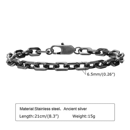 6.5mm oxidized stainless steel oval cable-link box chain bracelet, 21cm