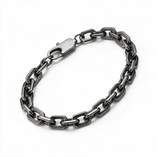6.5mm oxidized stainless steel oval cable-link box chain bracelet, product photo on white background