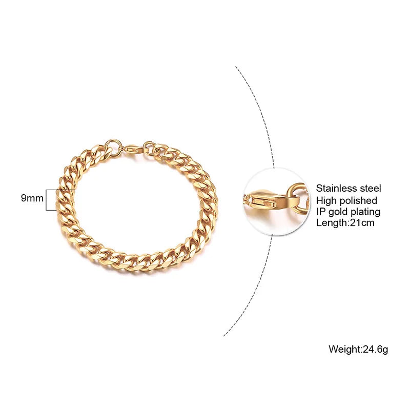 Diagram showing the 9mm link width, lobster clasp, IP gold plating and 21cm length of a Cuban link chain bracelet