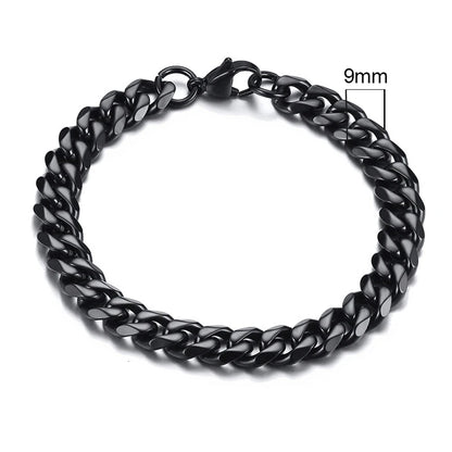 Black Cuban link chain bracelet, 9mm width