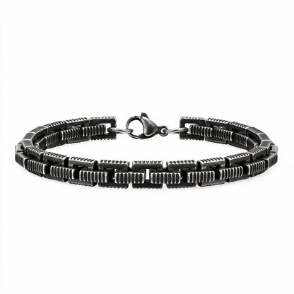 6.6mm oxidized stainless steel box chain bracelet with ridged rectangular links, product photo on white background