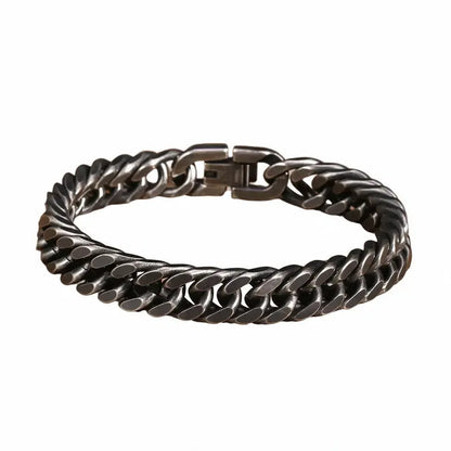 12mm oxidized gunmetal stainless steel Cuban double-curb link bracelet, product photo on white background
