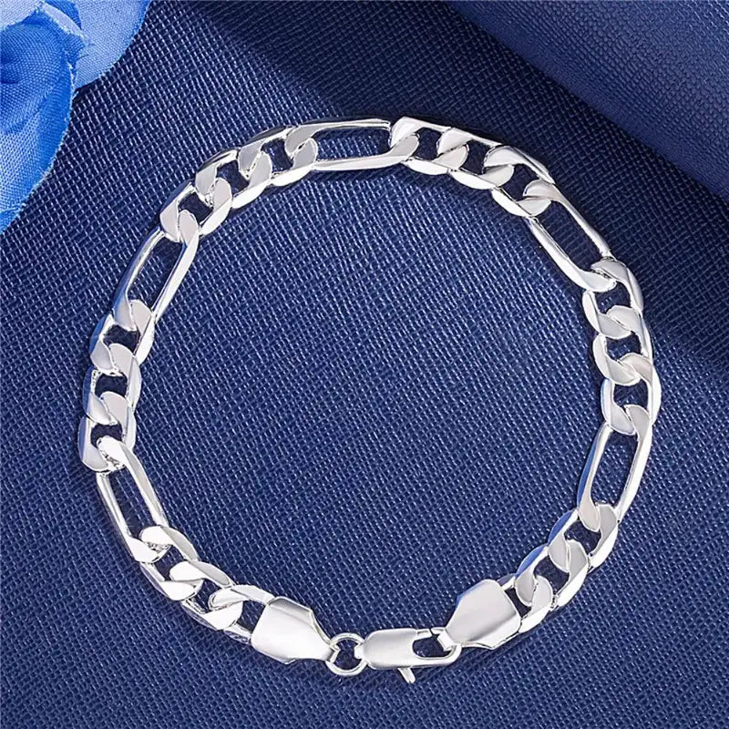 925 sterling silver flat figaro chain bracelet with alternating curb and bar links