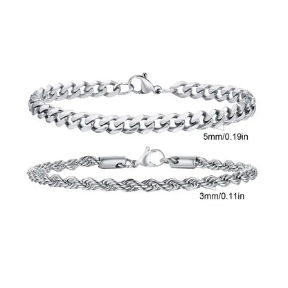 Silver twisted rope chain and Cuban curb chain bracelets laid flat, showing the lobster clasps