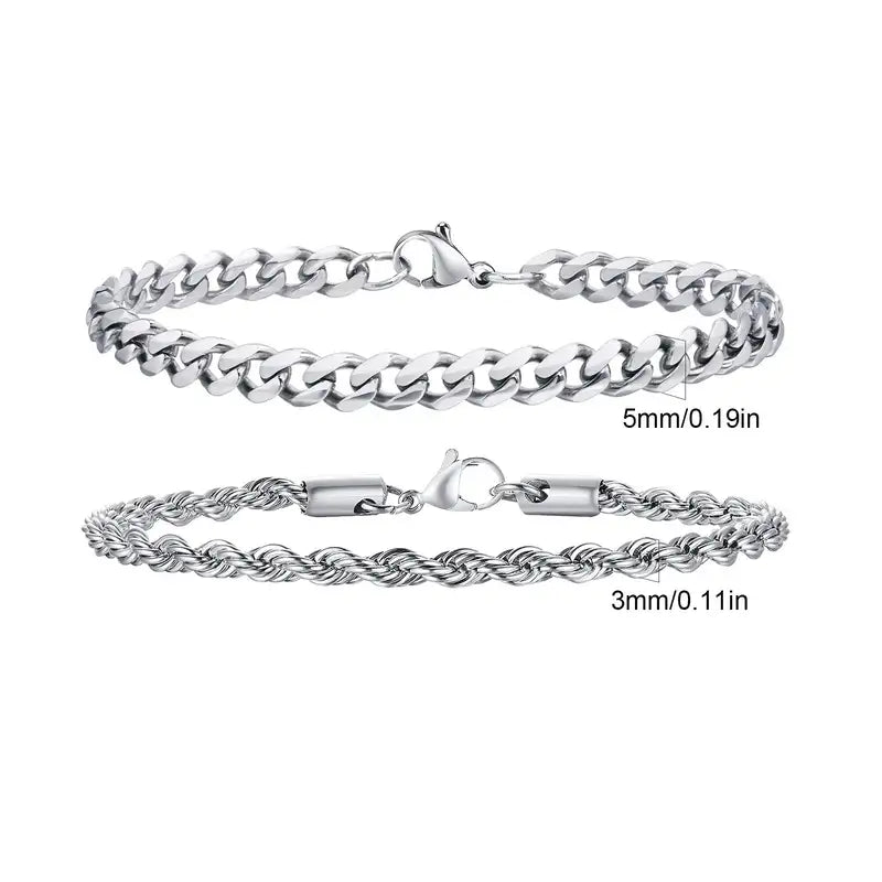 Silver twisted rope chain and Cuban curb chain bracelet set, Set 1