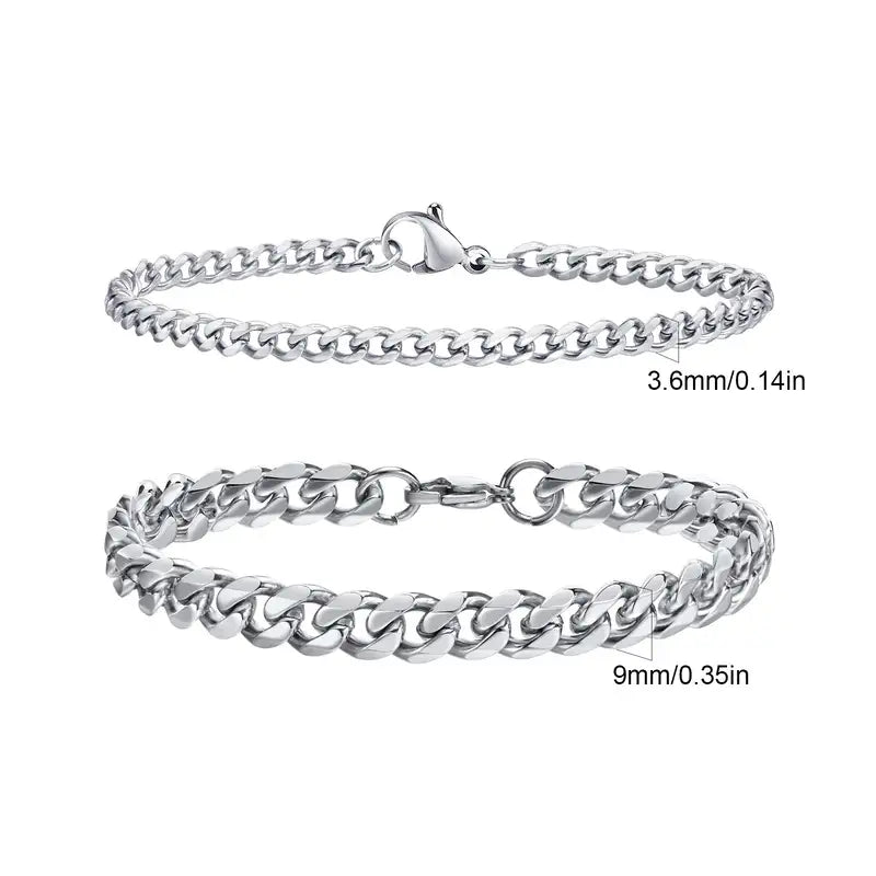 Thin and thick silver Cuban curb chain bracelet set, Set 4