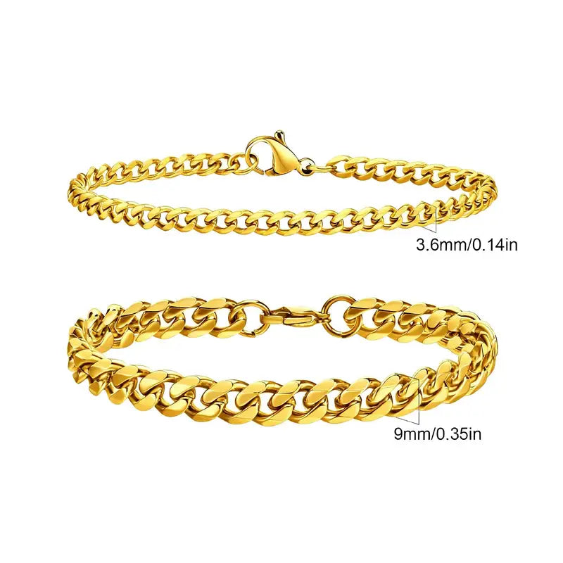 Thin and thick gold Cuban curb chain bracelet set, Set 4