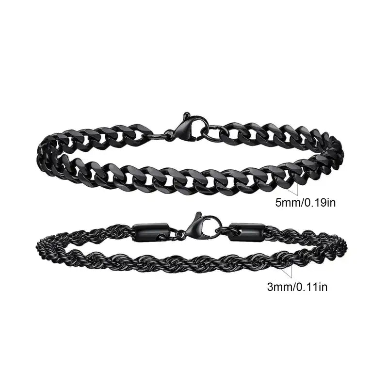 Black twisted rope chain and Cuban curb chain bracelet set, Set 1