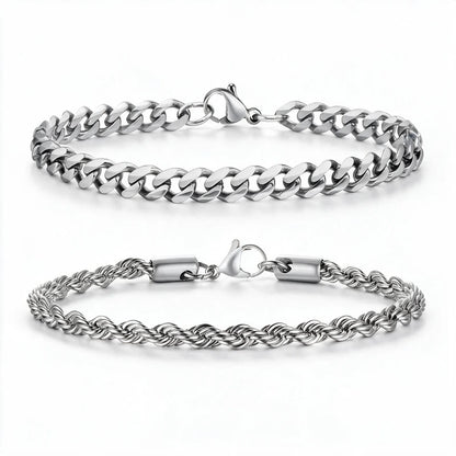 Mens Bracelet Chain – Cortez Duo Chain Bracelet Set, Silver Set 1 curb and rope chain bracelets