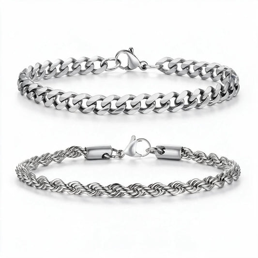 Mens Bracelet Chain – Cortez Duo Chain Bracelet Set, Silver Set 1 curb and rope chain bracelets
